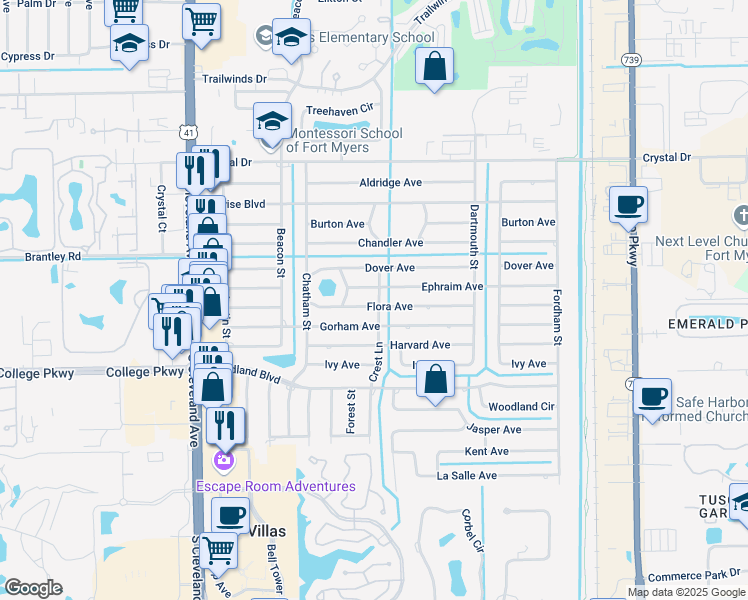 map of restaurants, bars, coffee shops, grocery stores, and more near 2261 Flora Avenue in Fort Myers