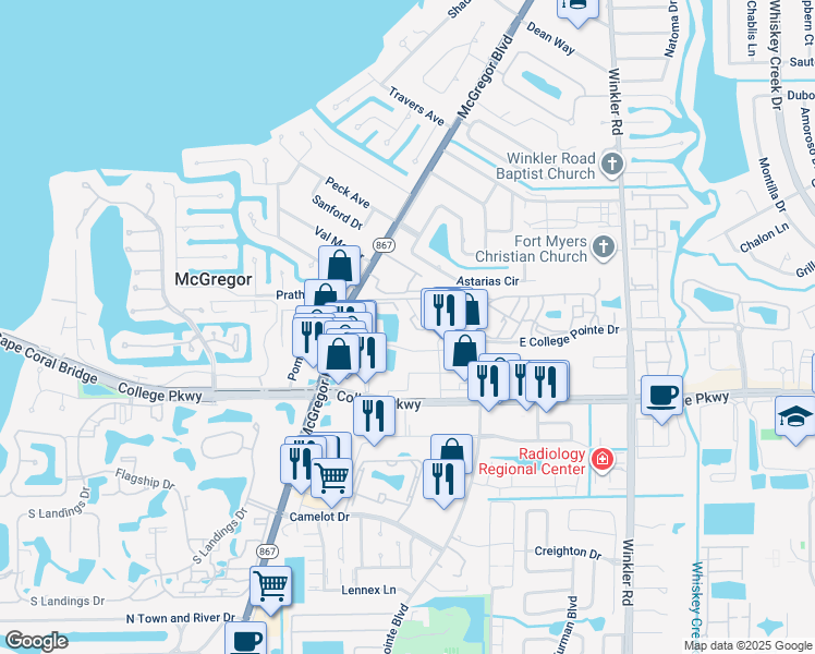 map of restaurants, bars, coffee shops, grocery stores, and more near 9150 West College Pointe Drive in Fort Myers