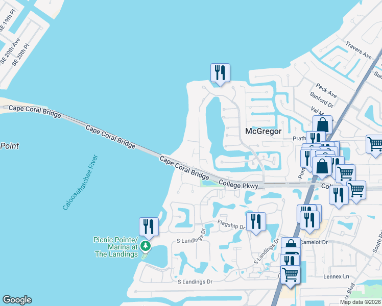 map of restaurants, bars, coffee shops, grocery stores, and more near 12498 Riverside Drive in Fort Myers