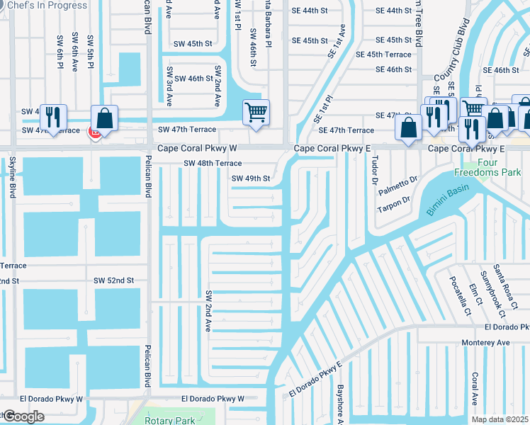 map of restaurants, bars, coffee shops, grocery stores, and more near 117 Southwest 1st Court in Cape Coral