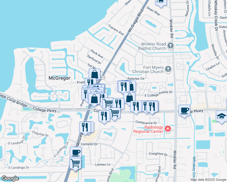 map of restaurants, bars, coffee shops, grocery stores, and more near 9150 West College Pointe Drive in Fort Myers