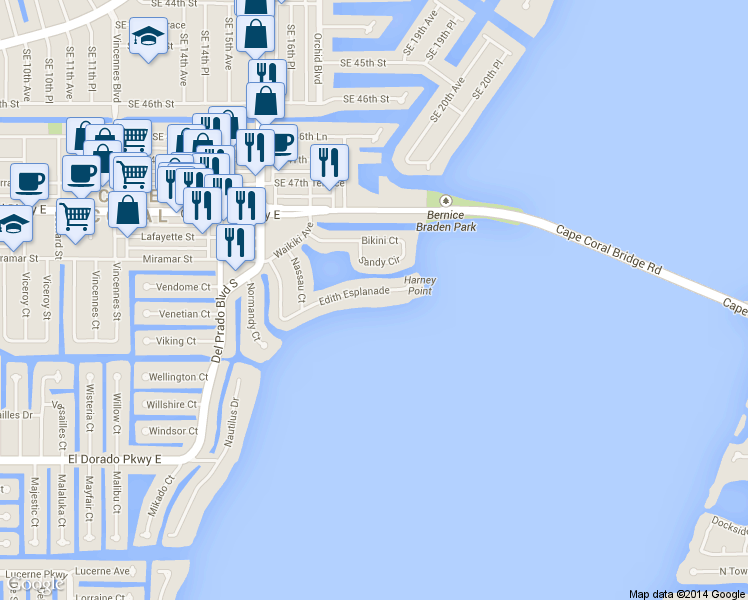 map of restaurants, bars, coffee shops, grocery stores, and more near 1666 Edith Esplanade in Cape Coral