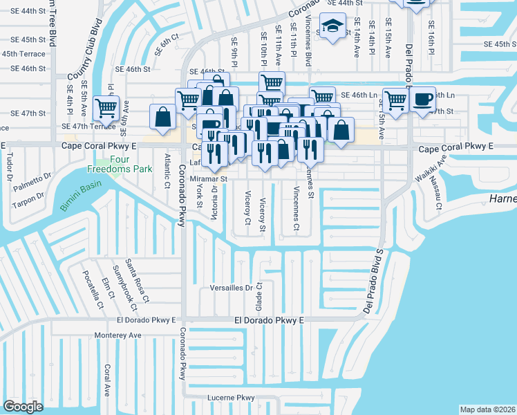 map of restaurants, bars, coffee shops, grocery stores, and more near 4962 Viceroy Street in Cape Coral