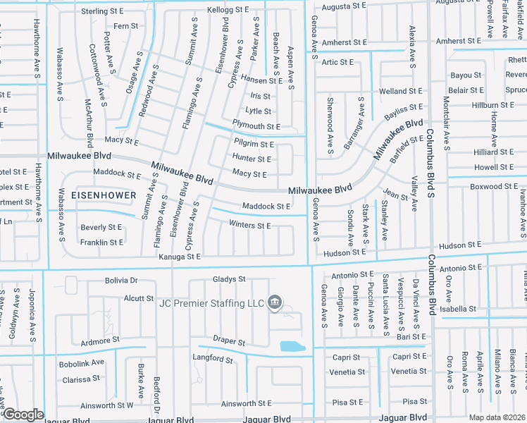 map of restaurants, bars, coffee shops, grocery stores, and more near 1033 Winters Street East in Lehigh Acres