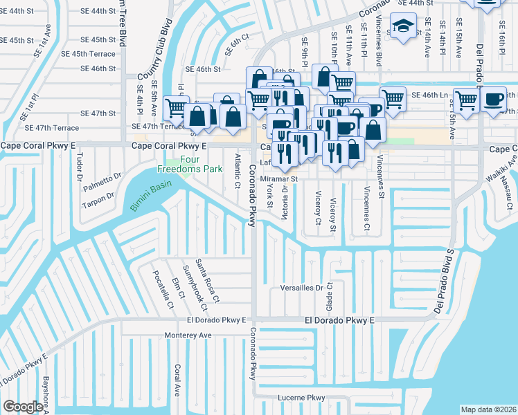 map of restaurants, bars, coffee shops, grocery stores, and more near 810 Victoria Drive in Cape Coral