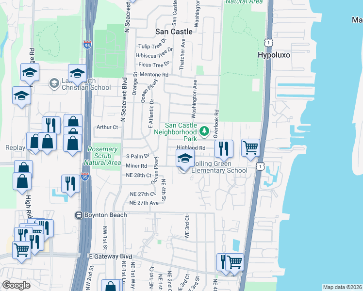 map of restaurants, bars, coffee shops, grocery stores, and more near 1142 Highland Road in Lantana