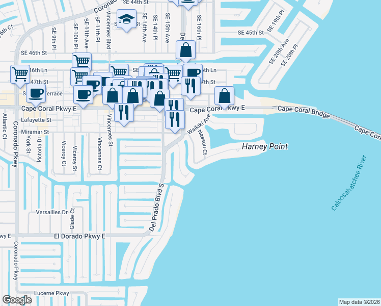 map of restaurants, bars, coffee shops, grocery stores, and more near 4924 Edith Esplanade in Cape Coral