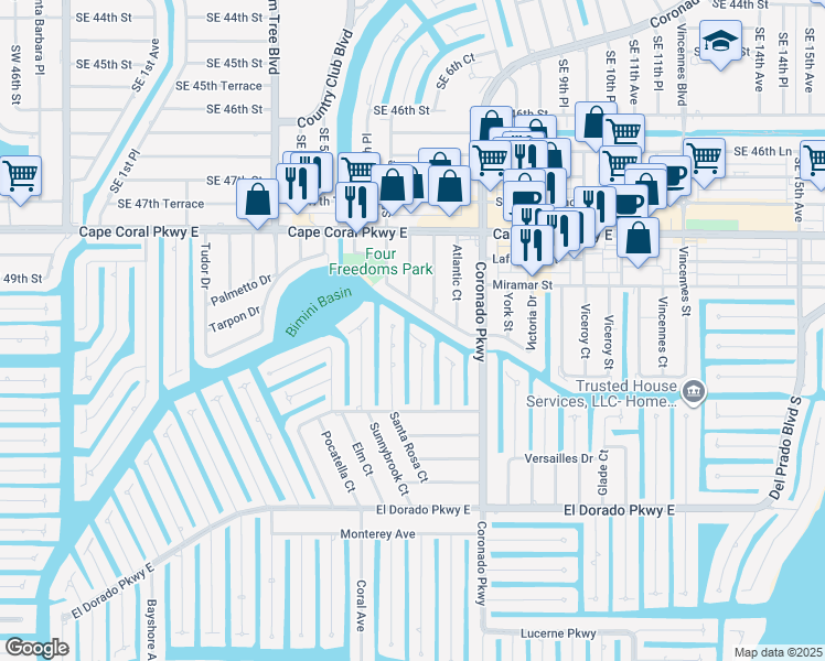 map of restaurants, bars, coffee shops, grocery stores, and more near 5111 Manor Court in Cape Coral