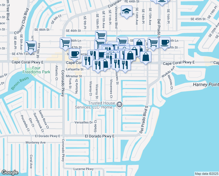 map of restaurants, bars, coffee shops, grocery stores, and more near 4930 Vincennes Court in Cape Coral