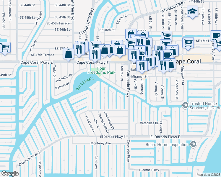 map of restaurants, bars, coffee shops, grocery stores, and more near 5111 Manor Court in Cape Coral