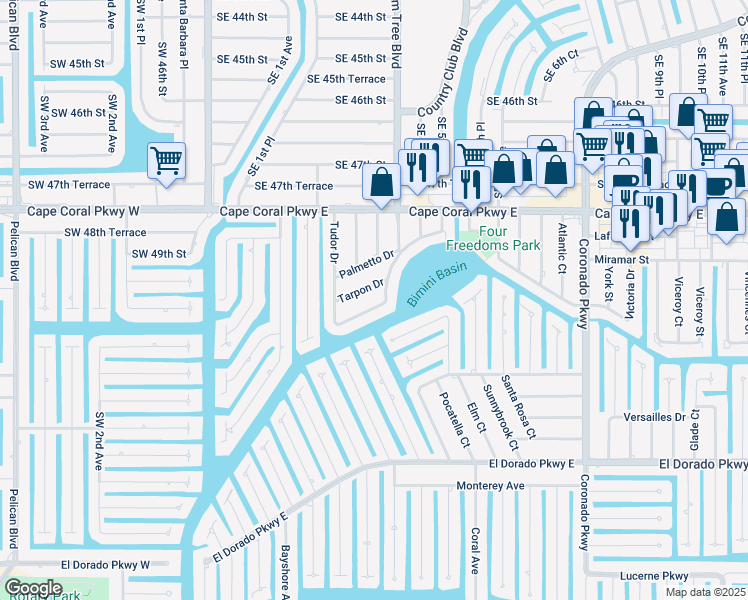 map of restaurants, bars, coffee shops, grocery stores, and more near 323 Tudor Drive in Cape Coral