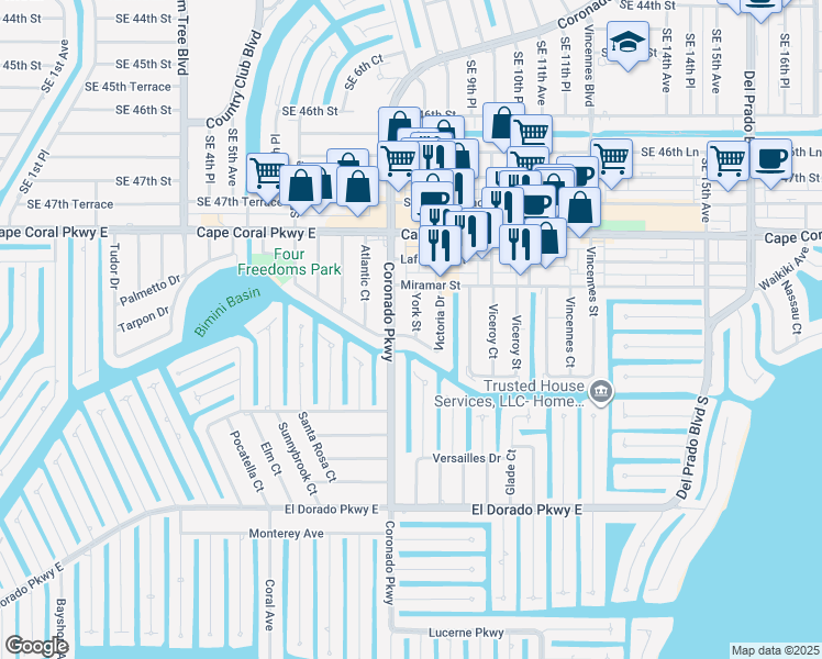 map of restaurants, bars, coffee shops, grocery stores, and more near 810 Victoria Drive in Cape Coral