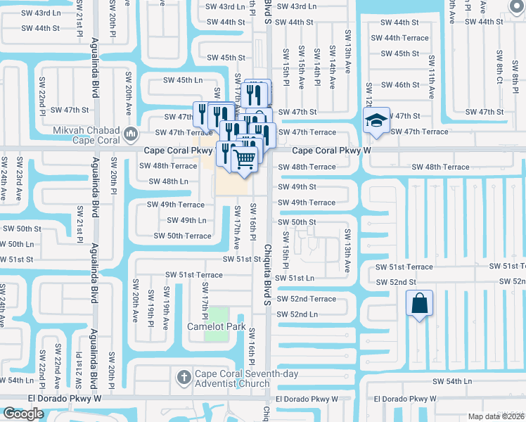 map of restaurants, bars, coffee shops, grocery stores, and more near 5005 Chiquita Boulevard South in Cape Coral
