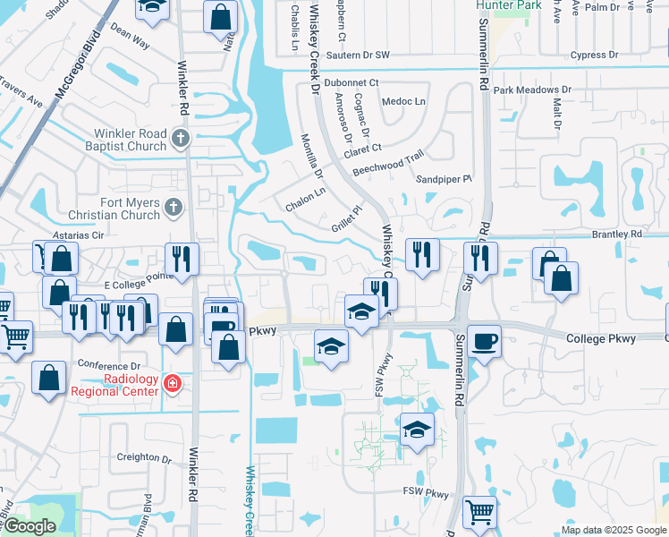 map of restaurants, bars, coffee shops, grocery stores, and more near 6142 Whiskey Creek Drive in Fort Myers