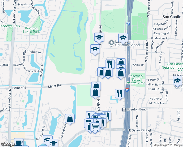 map of restaurants, bars, coffee shops, grocery stores, and more near 3609 High Ridge Road in Boynton Beach