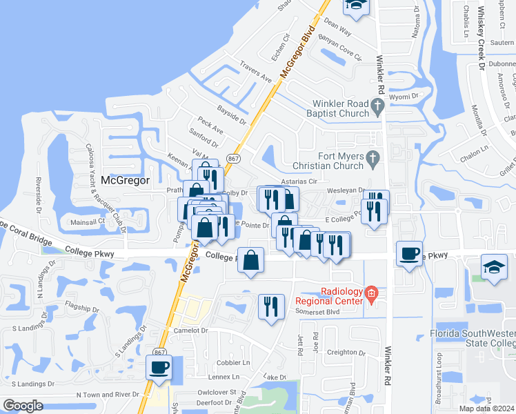map of restaurants, bars, coffee shops, grocery stores, and more near 9100 West College Pointe Drive in Fort Myers