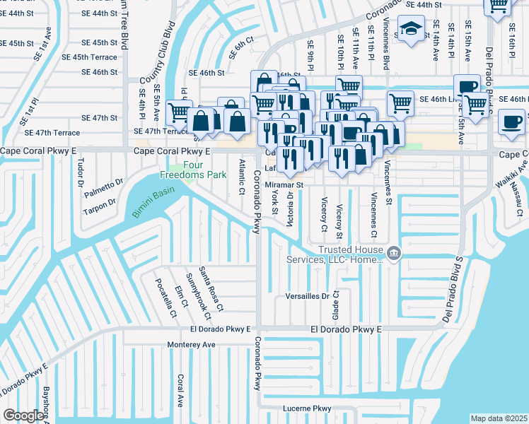 map of restaurants, bars, coffee shops, grocery stores, and more near 810 Victoria Drive in Cape Coral