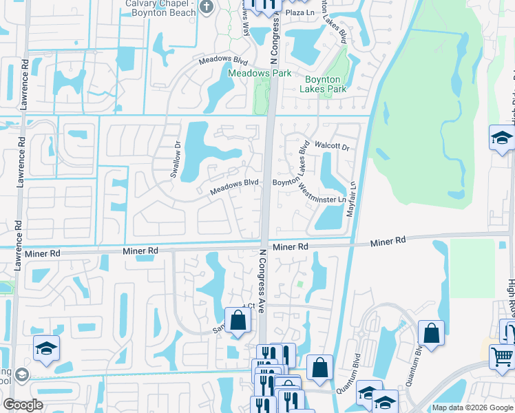 map of restaurants, bars, coffee shops, grocery stores, and more near 101 Meadows Drive in Boynton Beach