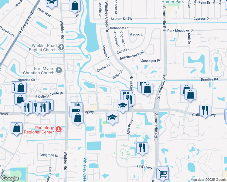 map of restaurants, bars, coffee shops, grocery stores, and more near 6150 Whiskey Creek Drive in Fort Myers
