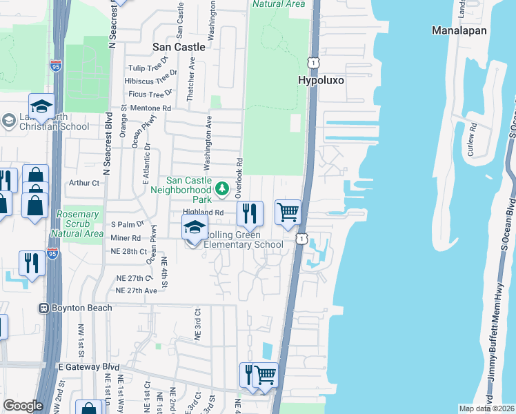 map of restaurants, bars, coffee shops, grocery stores, and more near 7899 Griswold Street in Lantana