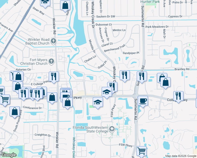 map of restaurants, bars, coffee shops, grocery stores, and more near 6150 Whiskey Creek Drive in Fort Myers
