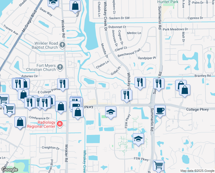map of restaurants, bars, coffee shops, grocery stores, and more near 8270 Pathfinder Loop in Fort Myers