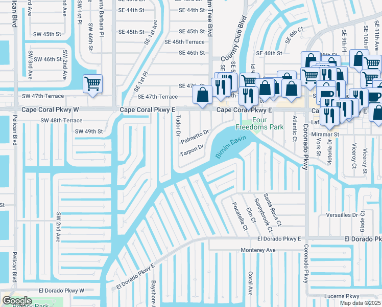 map of restaurants, bars, coffee shops, grocery stores, and more near 323 Tudor Drive in Cape Coral