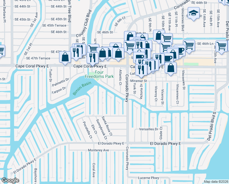 map of restaurants, bars, coffee shops, grocery stores, and more near 5111 Manor Court in Cape Coral