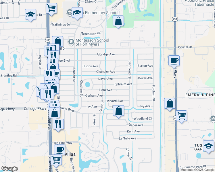map of restaurants, bars, coffee shops, grocery stores, and more near 2319 Flora Avenue in Fort Myers