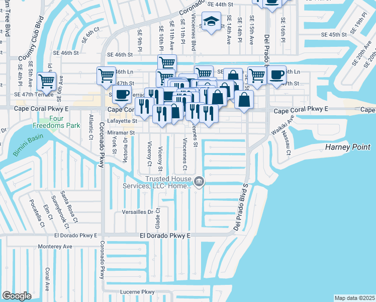 map of restaurants, bars, coffee shops, grocery stores, and more near 4930 Vincennes Court in Cape Coral
