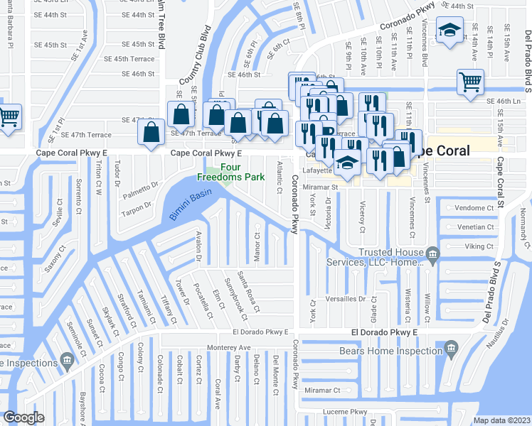 map of restaurants, bars, coffee shops, grocery stores, and more near 5111 Manor Court in Cape Coral
