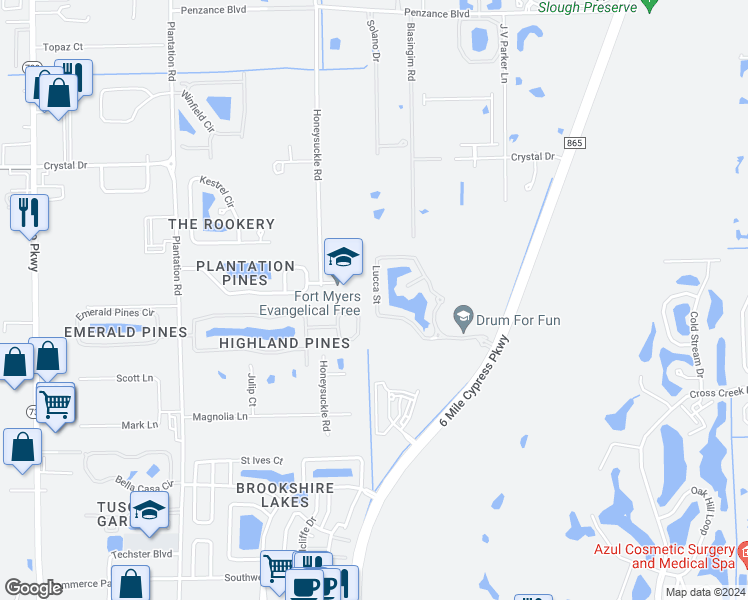 map of restaurants, bars, coffee shops, grocery stores, and more near 6929 Highland Park Circle in Fort Myers