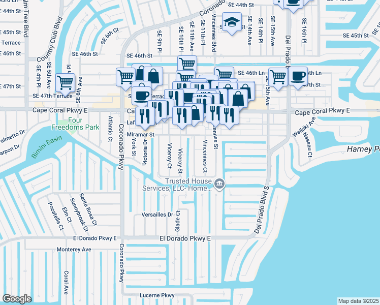 map of restaurants, bars, coffee shops, grocery stores, and more near 4963 Viceroy Street in Cape Coral