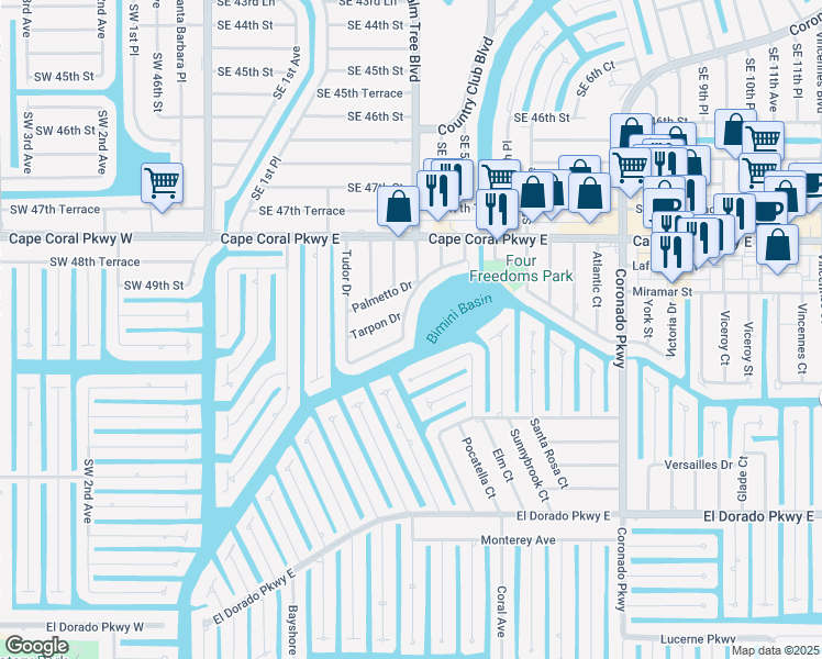 map of restaurants, bars, coffee shops, grocery stores, and more near 408 Tudor Drive in Cape Coral