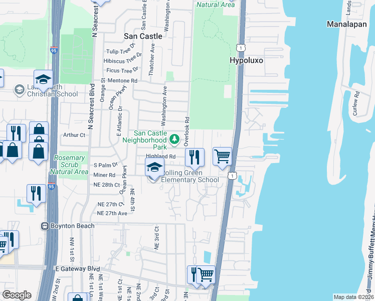 map of restaurants, bars, coffee shops, grocery stores, and more near 7862 Overlook Road in Lantana
