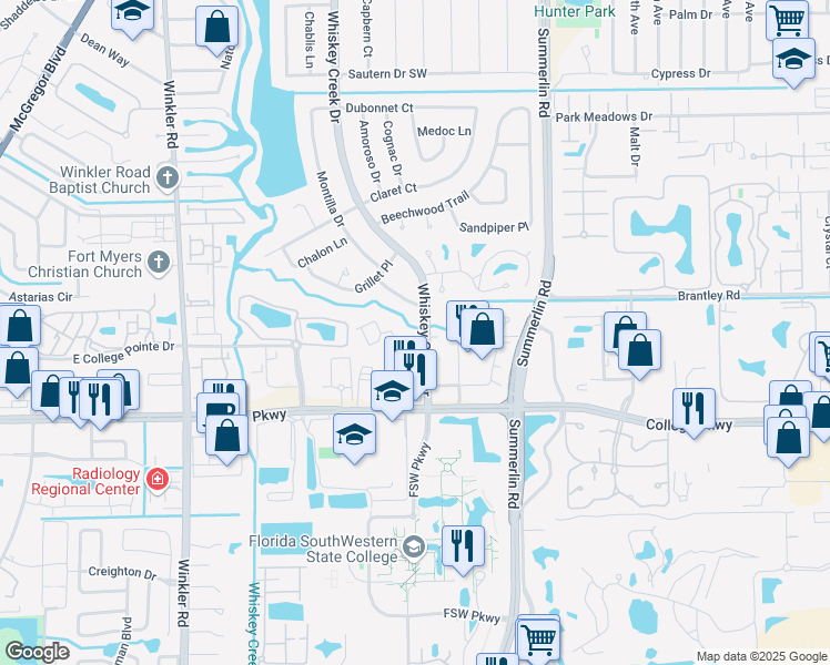 map of restaurants, bars, coffee shops, grocery stores, and more near 6108 Whiskey Creek Drive in Fort Myers