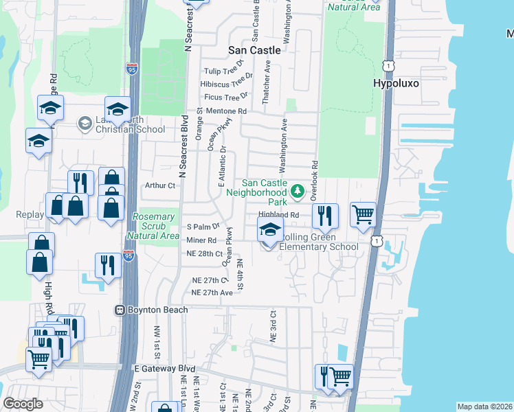 map of restaurants, bars, coffee shops, grocery stores, and more near 1206 Highview Road in Lantana