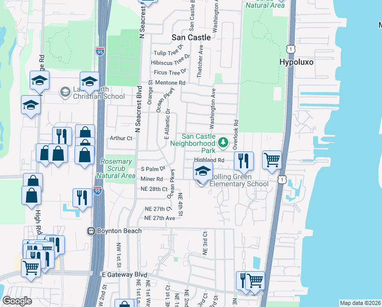 map of restaurants, bars, coffee shops, grocery stores, and more near 1228 Highland Road in Lantana