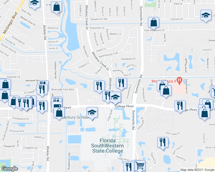 map of restaurants, bars, coffee shops, grocery stores, and more near 6108 Whiskey Creek Drive in Fort Myers