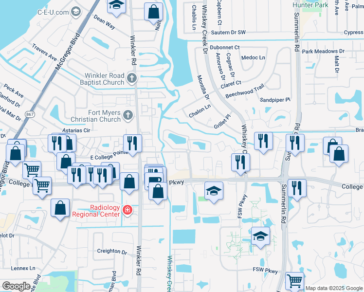 map of restaurants, bars, coffee shops, grocery stores, and more near 8381 Riverwalk Park Boulevard in Fort Myers