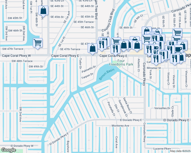 map of restaurants, bars, coffee shops, grocery stores, and more near 408 Tudor Drive in Cape Coral