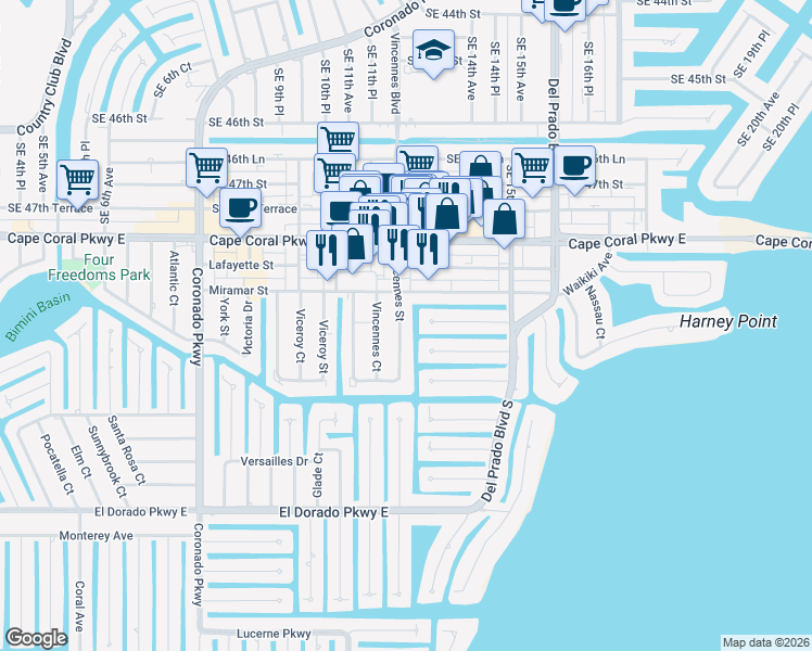 map of restaurants, bars, coffee shops, grocery stores, and more near 4965 Vincennes Street in Cape Coral