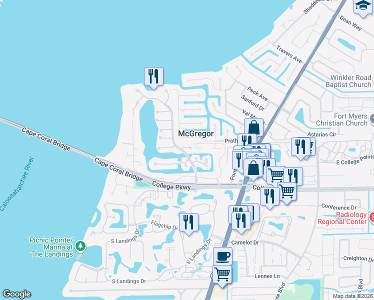 map of restaurants, bars, coffee shops, grocery stores, and more near 9701 Keel Court in Fort Myers