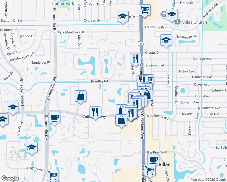 map of restaurants, bars, coffee shops, grocery stores, and more near 1830 Brantley Road in Fort Myers