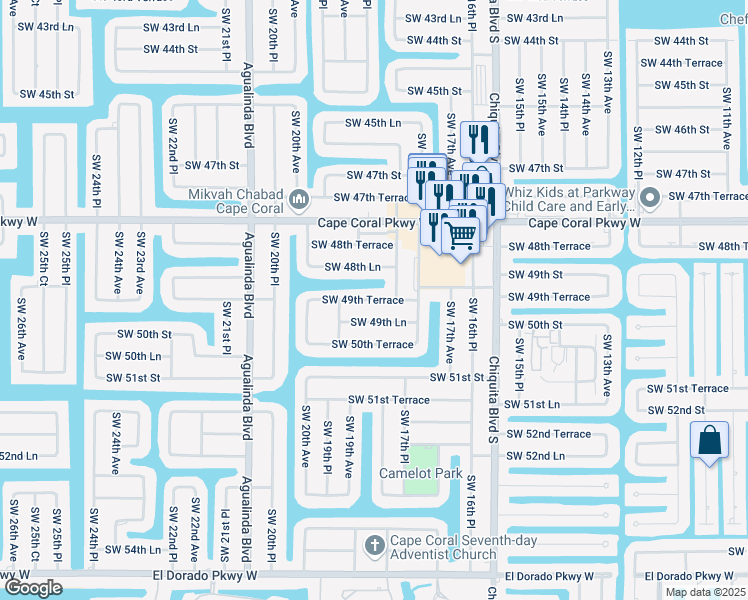 map of restaurants, bars, coffee shops, grocery stores, and more near 1816 Southwest 49th Terrace in Cape Coral