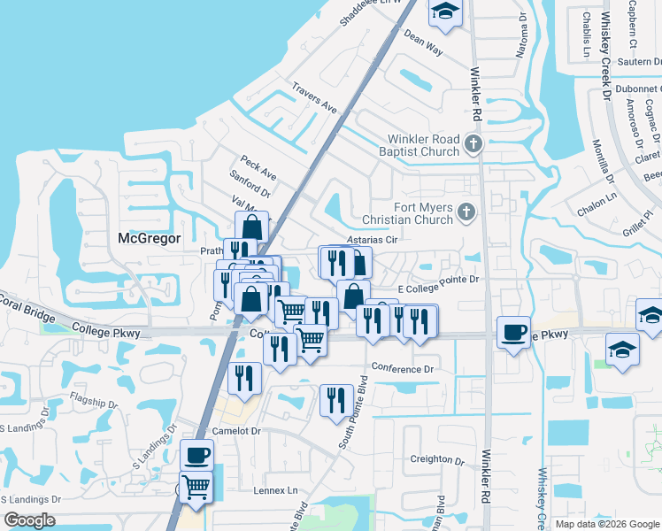 map of restaurants, bars, coffee shops, grocery stores, and more near 9100 West College Pointe Drive in Fort Myers