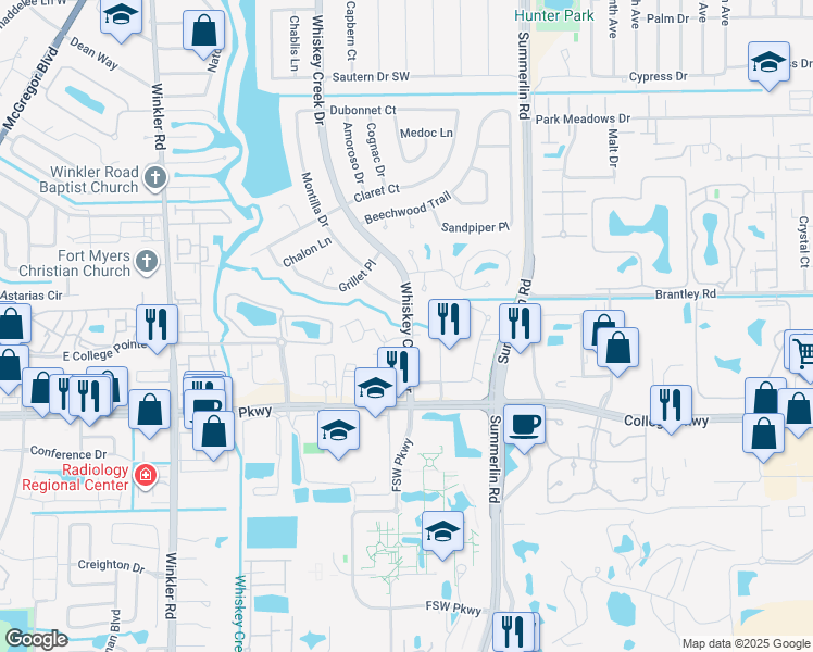 map of restaurants, bars, coffee shops, grocery stores, and more near 6108 Whiskey Creek Drive in Fort Myers
