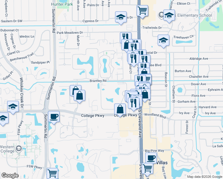 map of restaurants, bars, coffee shops, grocery stores, and more near 1830 Brantley Road in Fort Myers