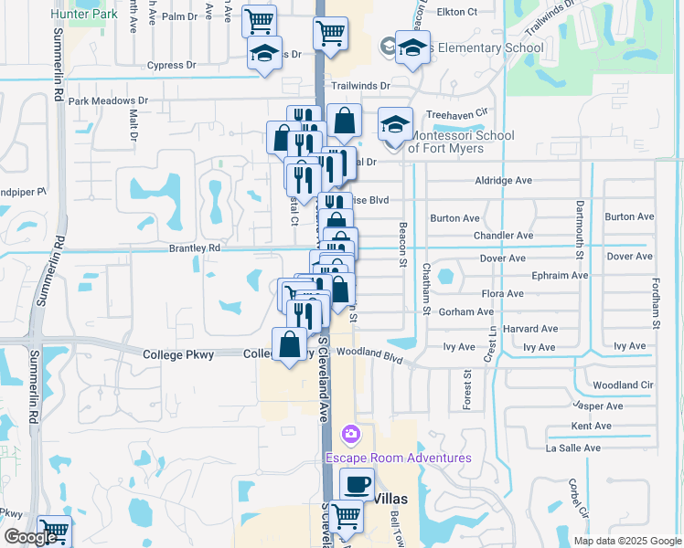 map of restaurants, bars, coffee shops, grocery stores, and more near 12499 South Cleveland Avenue in Fort Myers