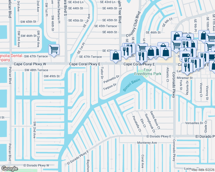 map of restaurants, bars, coffee shops, grocery stores, and more near 317 Tarpon Drive in Cape Coral